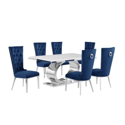 7pc Small(68") marble top dining set with silver base and 6 Navy blue chairs