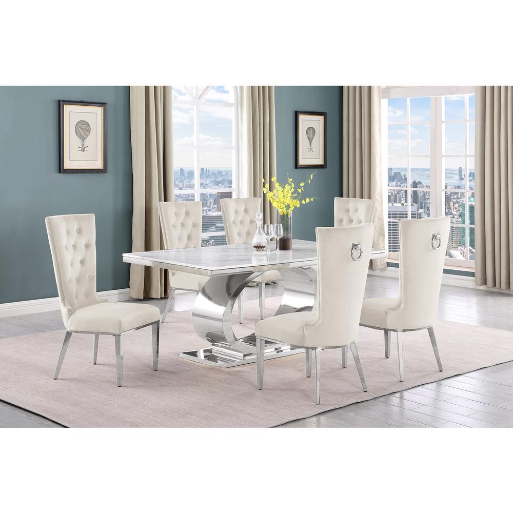 7pc Small(68") marble top dining set with silver base and 6 Cream side chairs