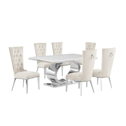 7pc Small(68") marble top dining set with silver base and 6 Cream side chairs