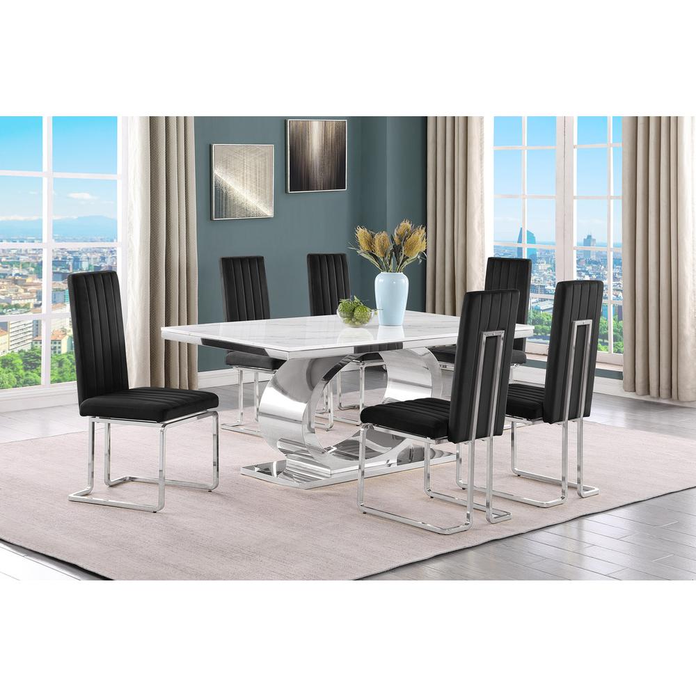7pc Small(68") marble top dining set with silver base and 6 Black side chairs