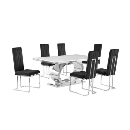 7pc Small(68") marble top dining set with silver base and 6 Black side chairs