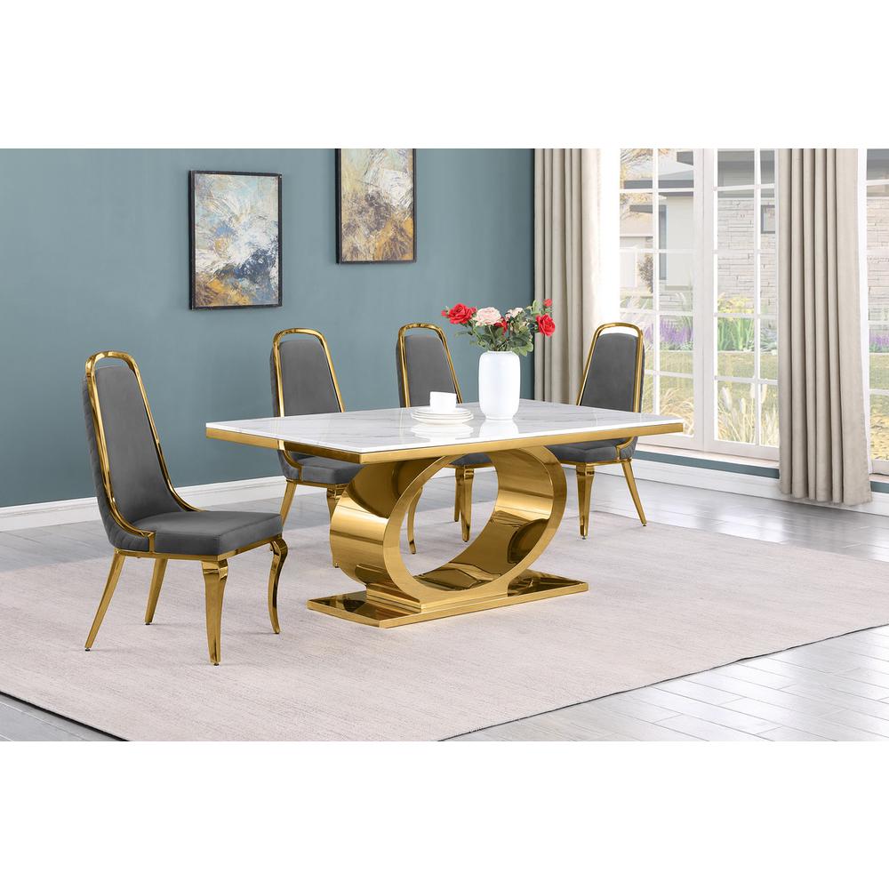 5pc Small(68") marble top dining set with gold base and 4 Dark grey side chairs