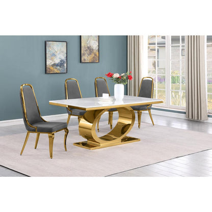 5pc Small(68") marble top dining set with gold base and 4 Dark grey side chairs