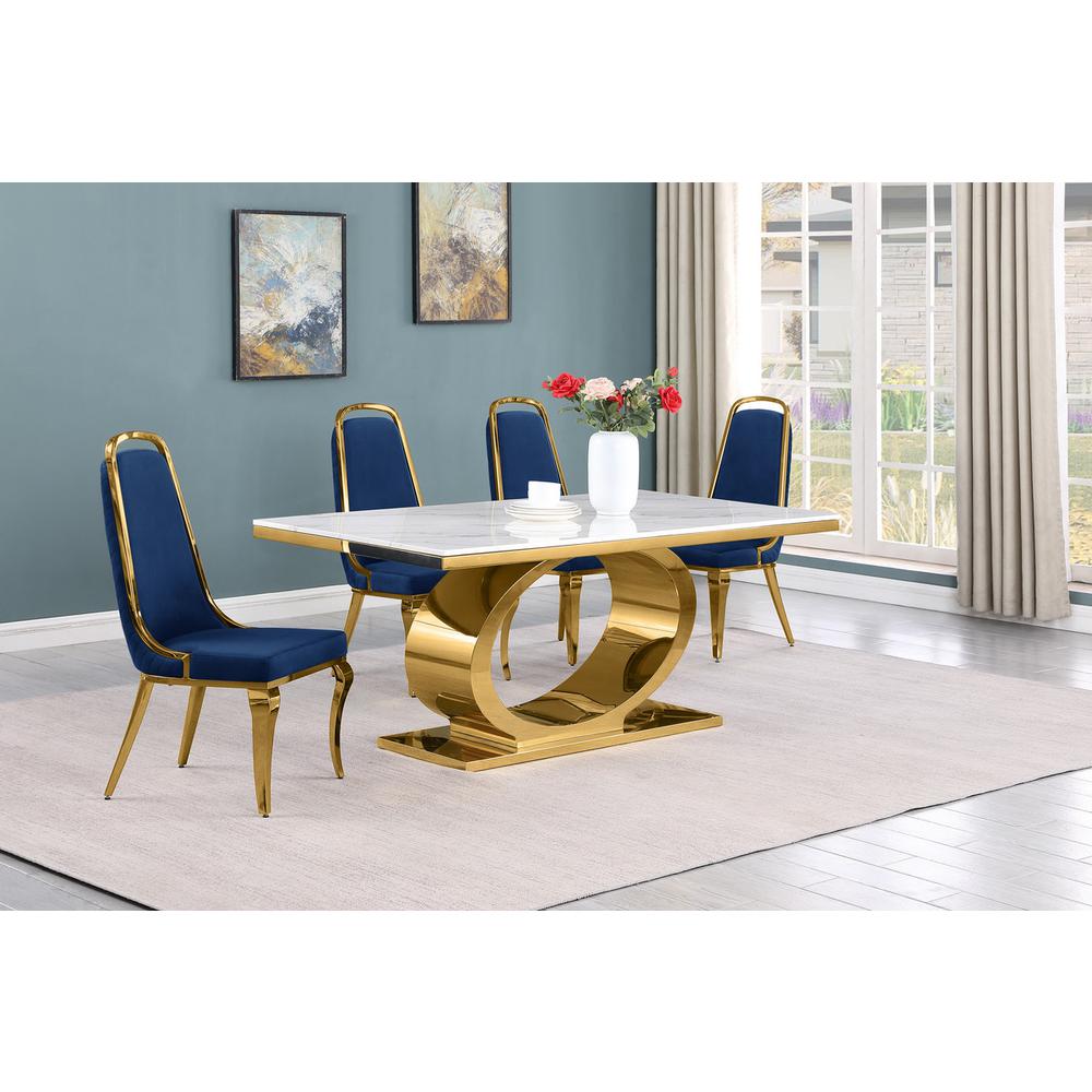 5pc Small(68") marble top dining set with gold base and 4 Navy blue side chairs