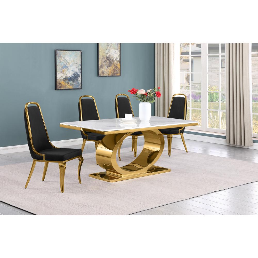 5pc Small(68") marble top dining set with gold base and 4 Black side chairs