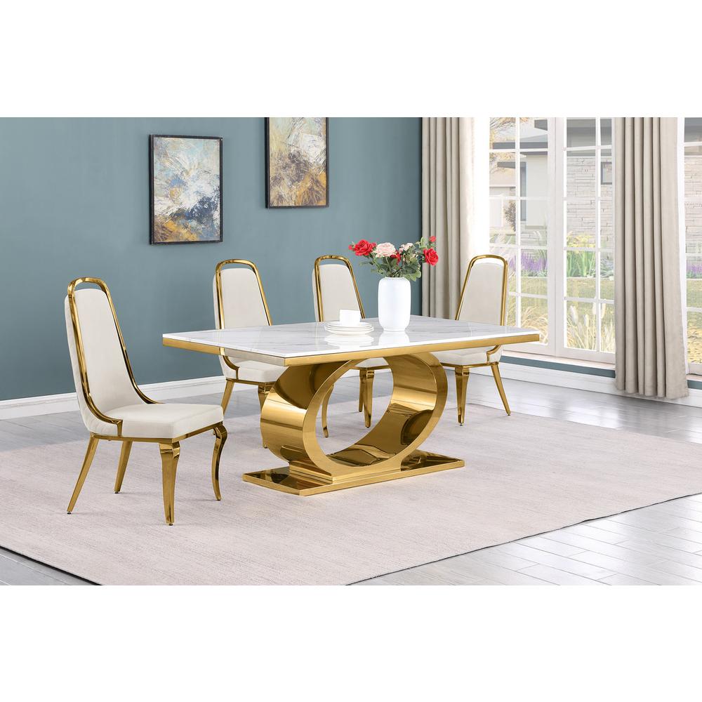 5pc Small(68") marble top dining set with gold base and 4 Cream side chairs