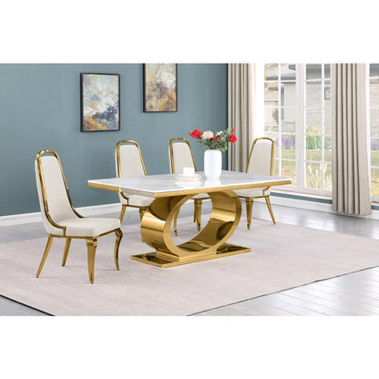 5pc Small(68") marble top dining set with gold base and 4 Cream side chairs