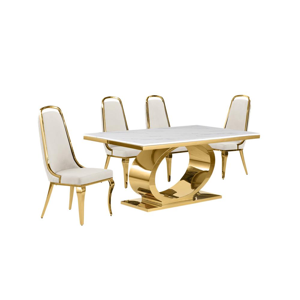 5pc Small(68") marble top dining set with gold base and 4 Cream side chairs