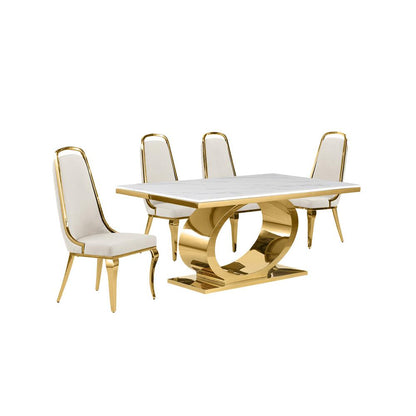 5pc Small(68") marble top dining set with gold base and 4 Cream side chairs