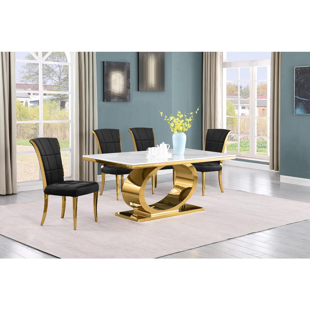 5pc Small(68") marble top dining set with gold base and 4 Black side chairs