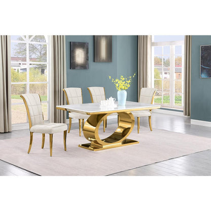 5pc Small(68") marble top dining set with gold base and 4 Cream side chairs