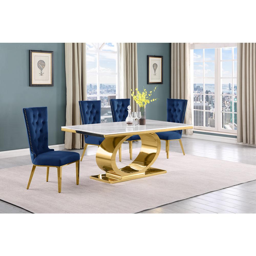 5pc Small(68") marble top dining set with gold base and 4 Navy blue side chairs