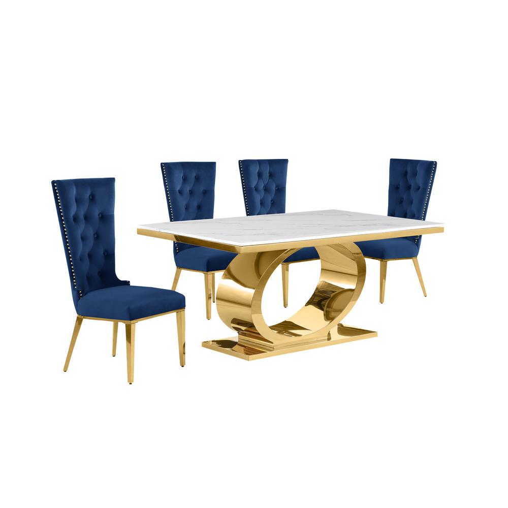 5pc Small(68") marble top dining set with gold base and 4 Navy blue side chairs