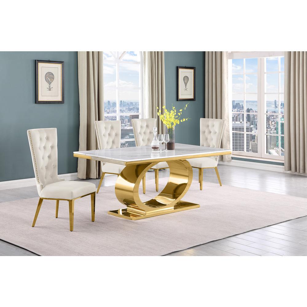 5pc Small(68") marble top dining set with gold base and 4 Cream side chairs