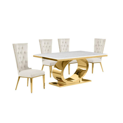 5pc Small(68") marble top dining set with gold base and 4 Cream side chairs