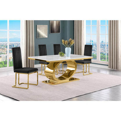 5pc Small(68") marble top dining set with gold base and 4 Black side chairs