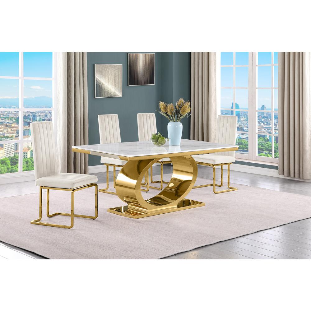 5pc Small(68") marble top dining set with gold base and 4 Cream side chairs