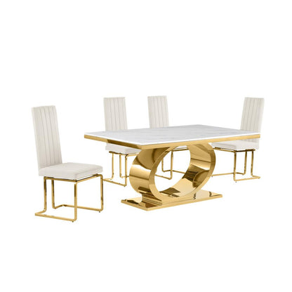 5pc Small(68") marble top dining set with gold base and 4 Cream side chairs