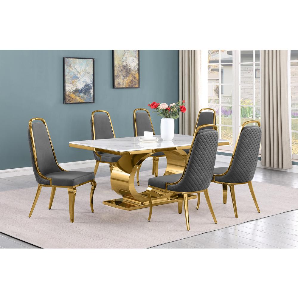 7pc Small(68") marble top dining set with gold base and 6 Dark grey side chairs