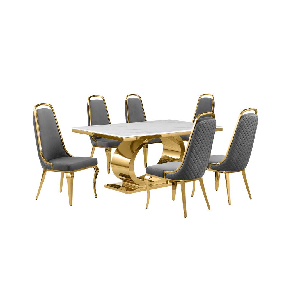 7pc Small(68") marble top dining set with gold base and 6 Dark grey side chairs