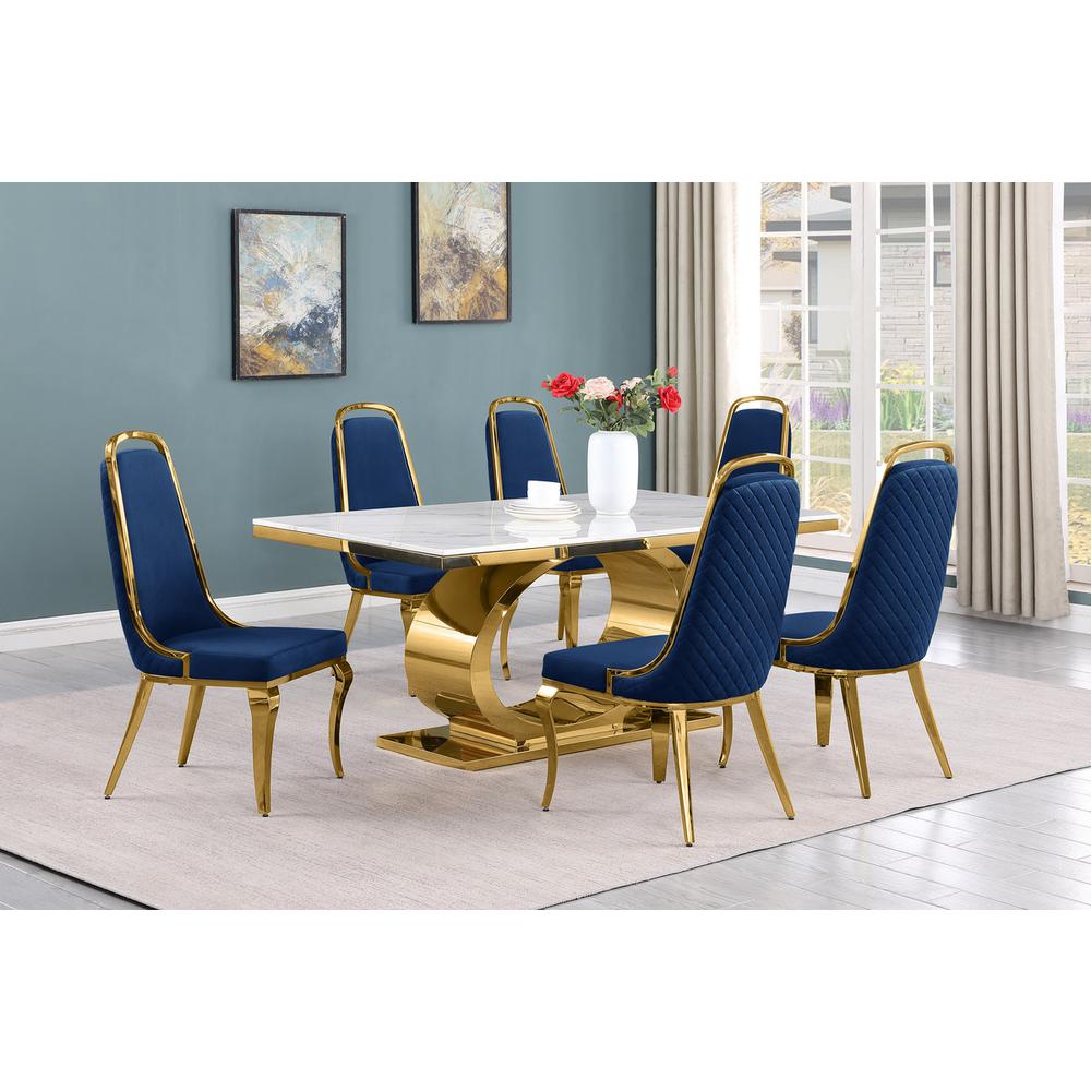 7pc Small(68") marble top dining set with gold base and 6 Navy blue side chairs