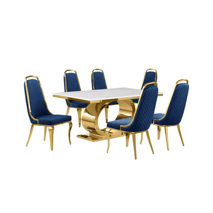 7pc Small(68") marble top dining set with gold base and 6 Navy blue side chairs