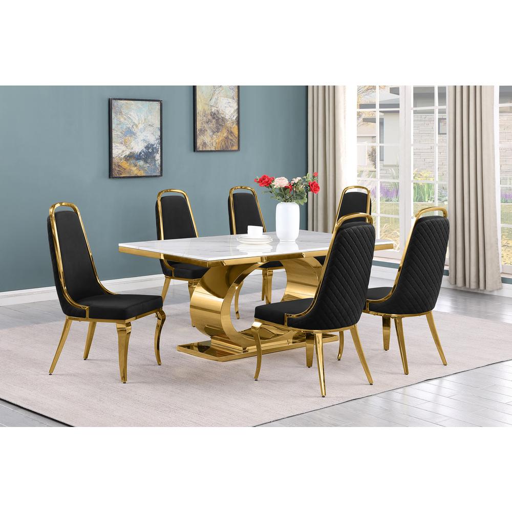 7pc Small(68") marble top dining set with gold base and 6 Black side chairs