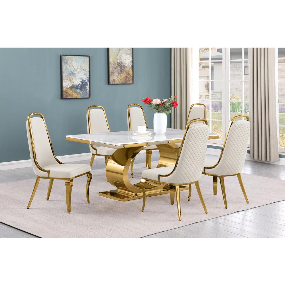 7pc Small(68") marble top dining set with gold base and 6 Cream side chairs