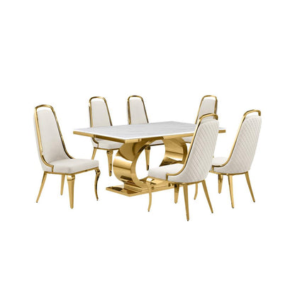 7pc Small(68") marble top dining set with gold base and 6 Cream side chairs