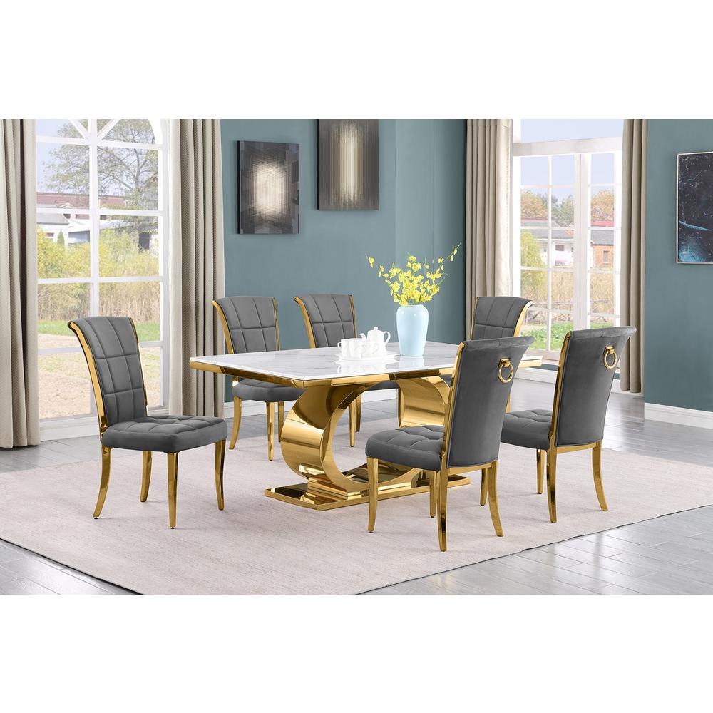 7pc Small(68") marble top dining set with gold base and 6 Dark grey side chairs