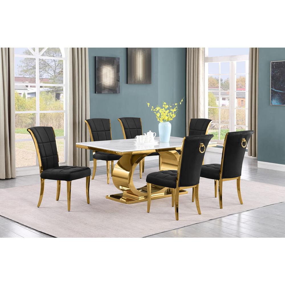 7pc Small(68") marble top dining set with gold base and 6 Black side chairs