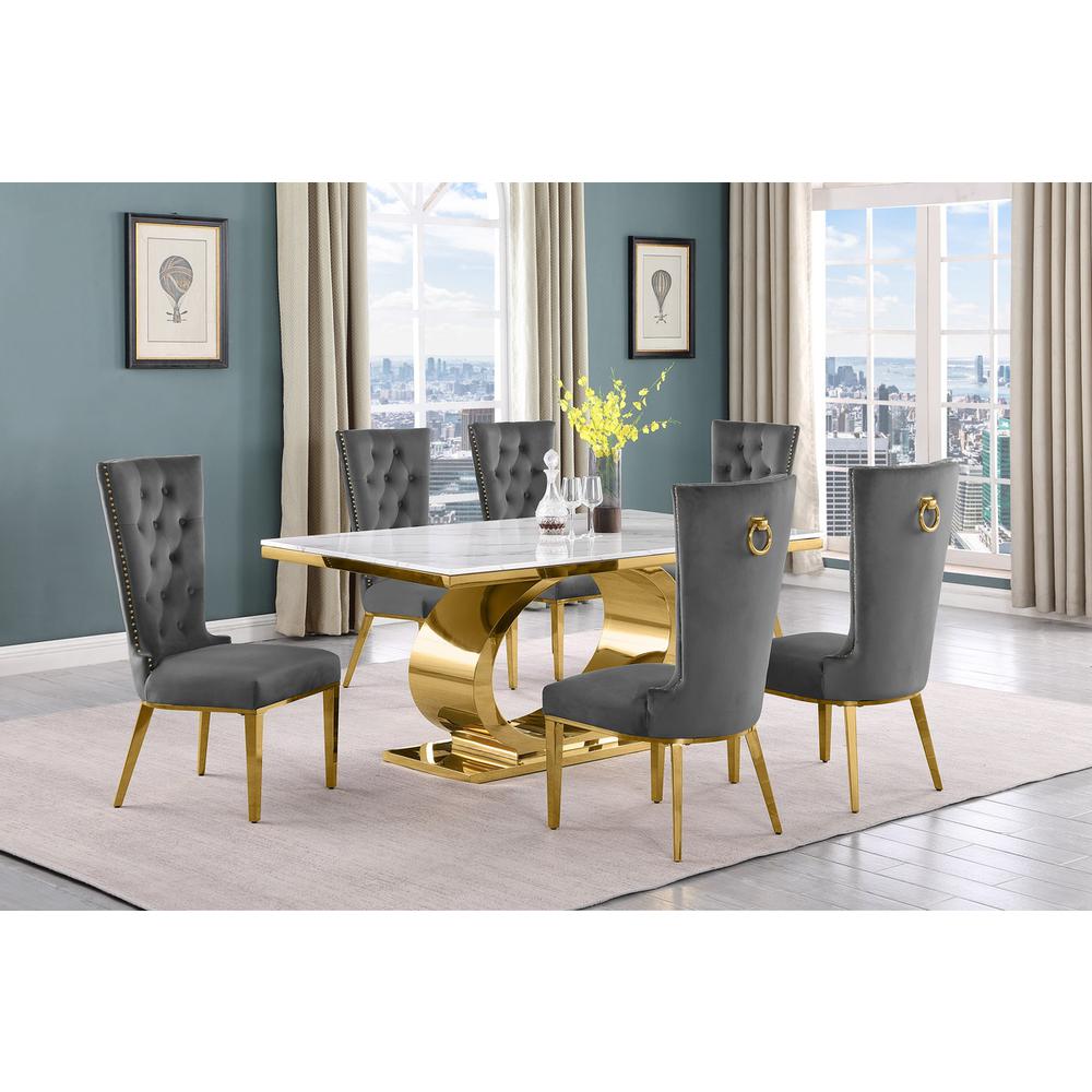 7pc Small(86") marble top dining set with gold base and 6 Dark grey side chairs