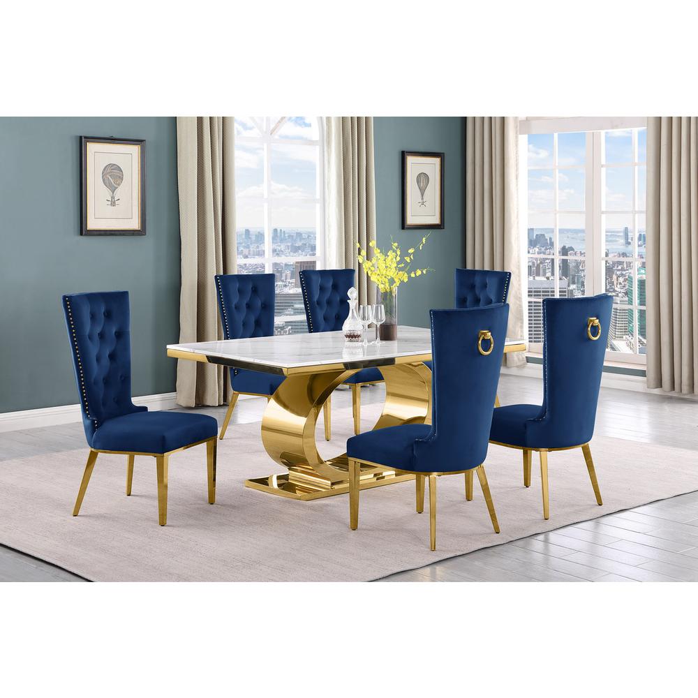 7pc Small(68") marble top dining set with gold base and 6 Navy blue side chairs