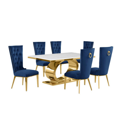 7pc Small(68") marble top dining set with gold base and 6 Navy blue side chairs