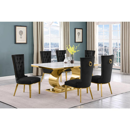 7pc Small(68") marble top dining set with gold base and 6 Black side chairs