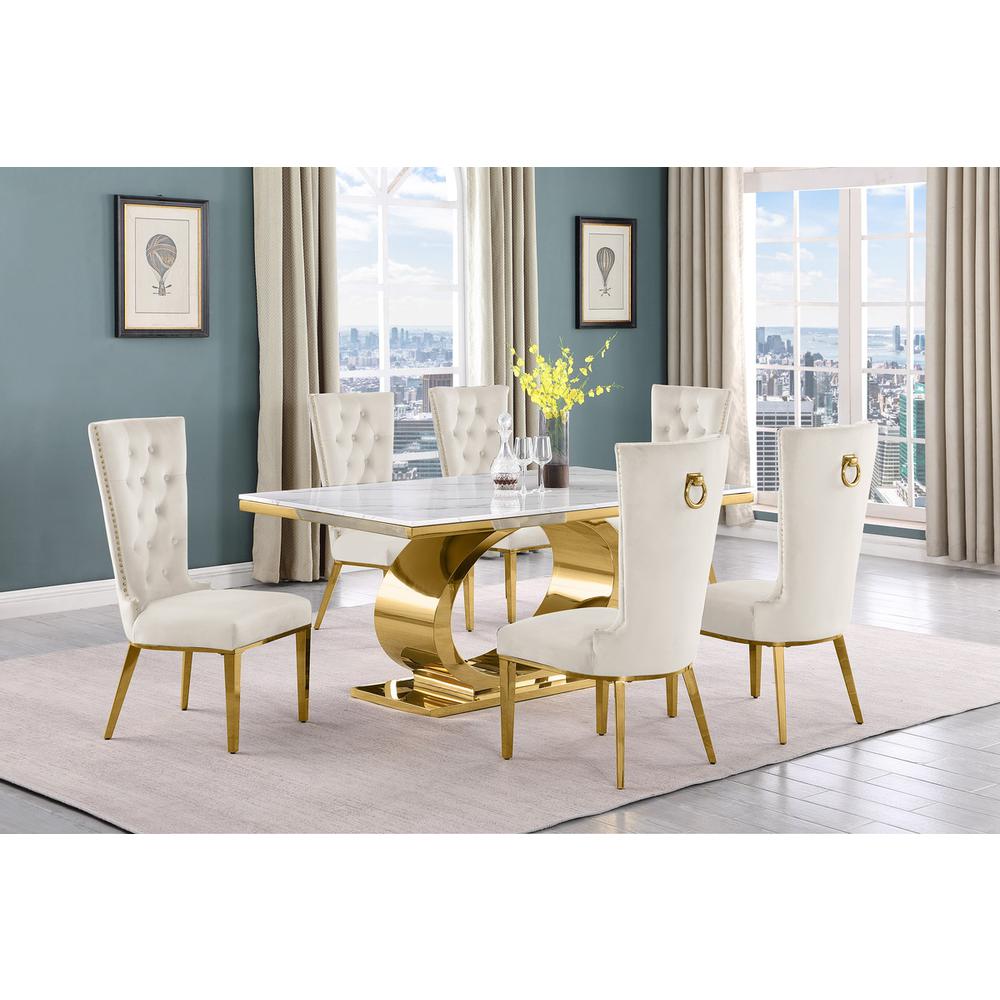7pc Small(68") marble top dining set with gold base and 6 Cream side chairs