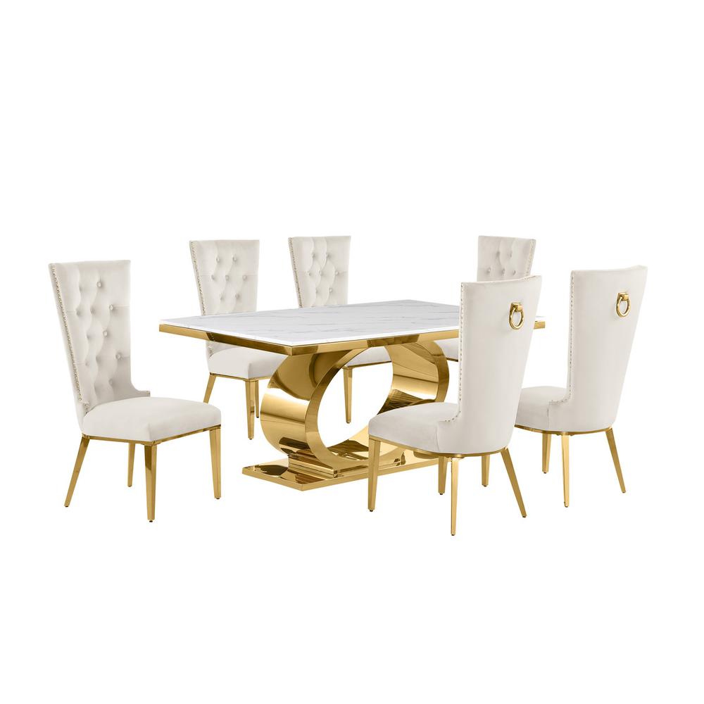 7pc Small(68") marble top dining set with gold base and 6 Cream side chairs