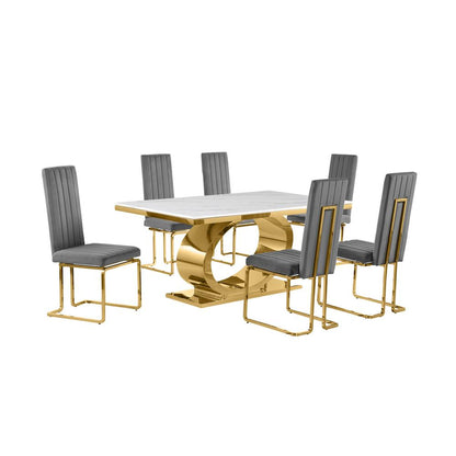 7pc Small(86") marble top dining set with gold base and 6 Dark grey side chairs