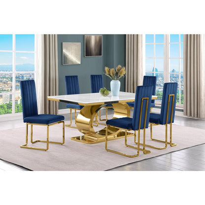7pc Small(68") marble top dining set with gold base and 6 Navy blue side chairs