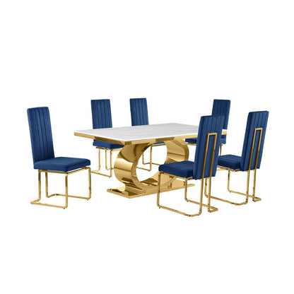 7pc Small(68") marble top dining set with gold base and 6 Navy blue side chairs
