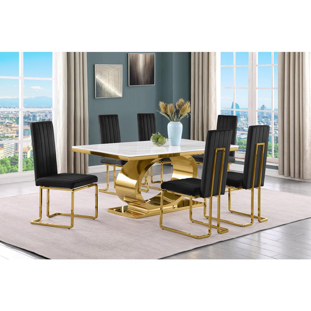 7pc Small(68") marble top dining set with gold base and 6 Black side chairs