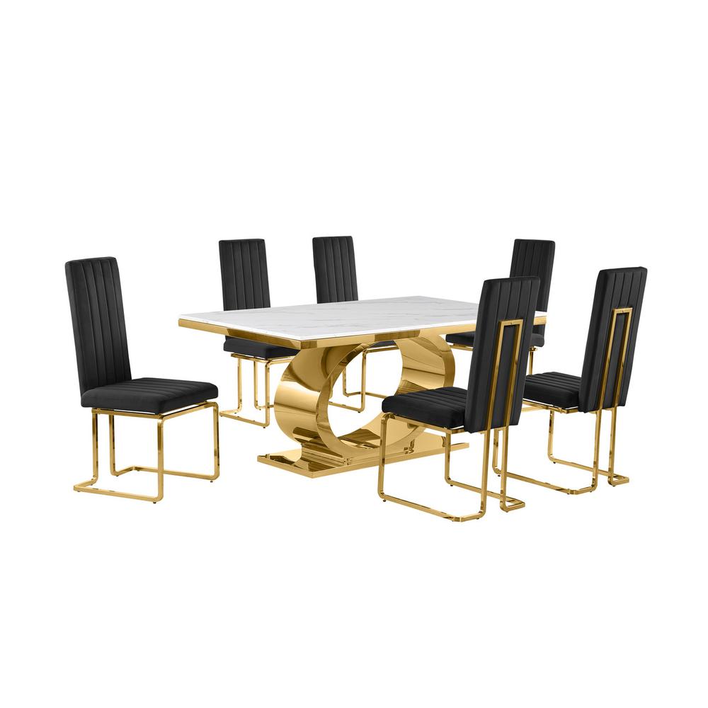 7pc Small(68") marble top dining set with gold base and 6 Black side chairs