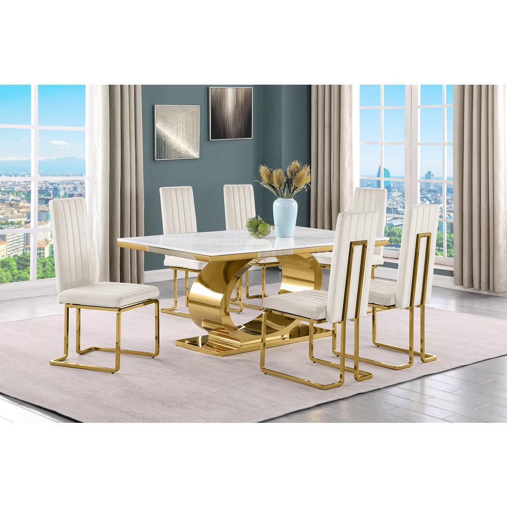 7pc Small(68") marble top dining set with gold base and 6 Cream side chairs