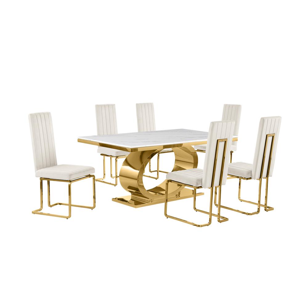 7pc Small(68") marble top dining set with gold base and 6 Cream side chairs