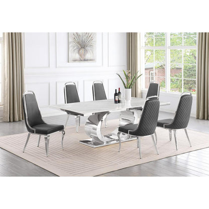7pc Large (87") marble top dining set with silver base and 6 Dark grey chairs