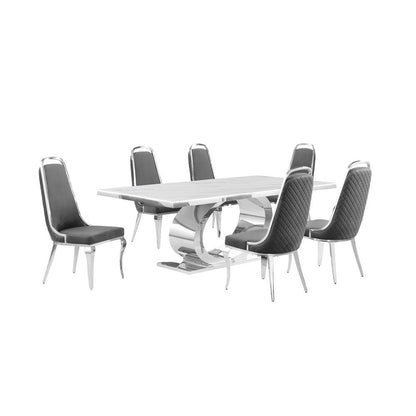 7pc Large (87") marble top dining set with silver base and 6 Dark grey chairs