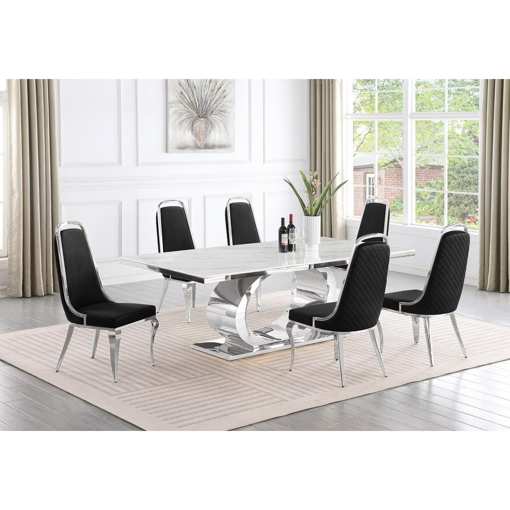 7pc Large (87") marble top dining set with silver base and 6 Black side chairs