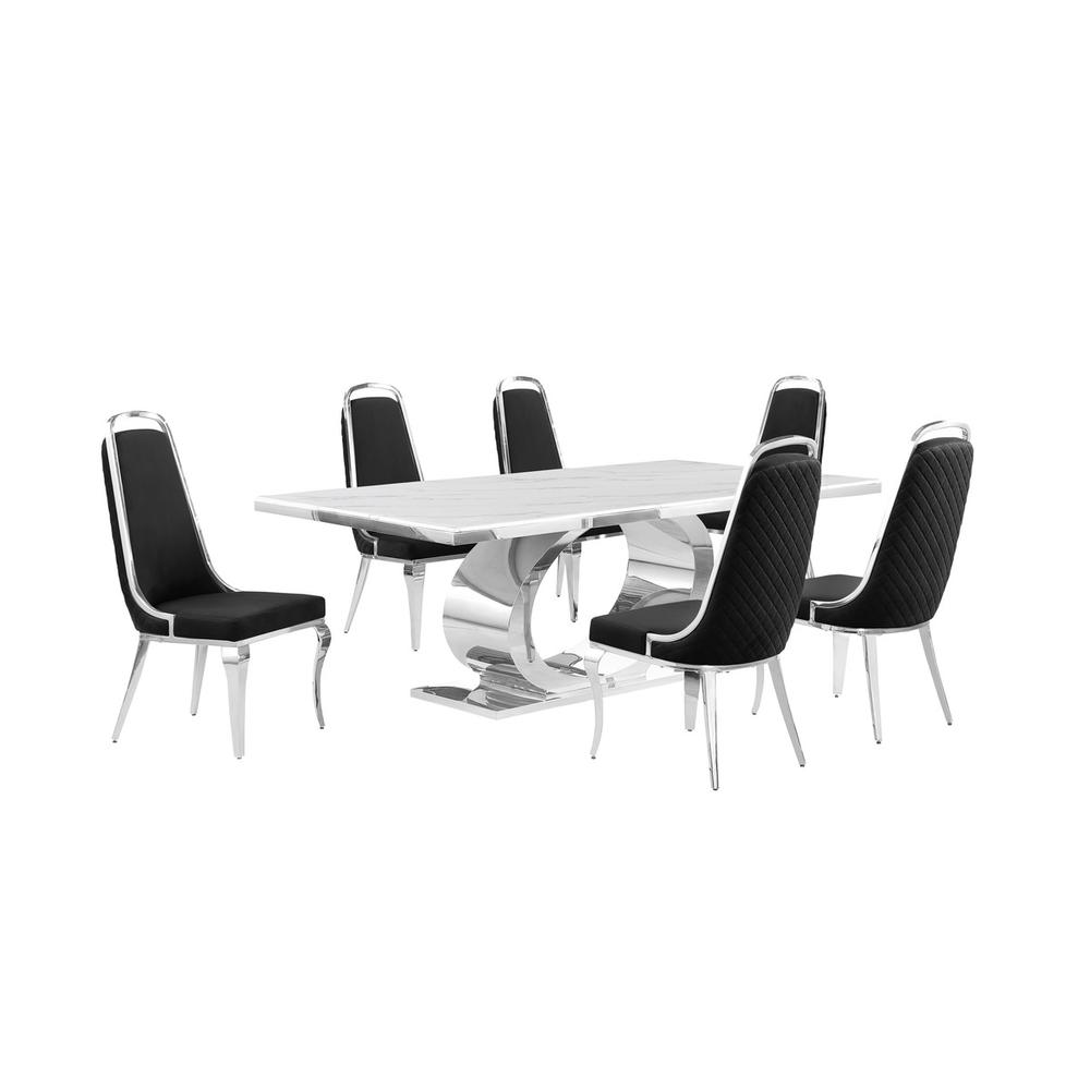 7pc Large (87") marble top dining set with silver base and 6 Black side chairs