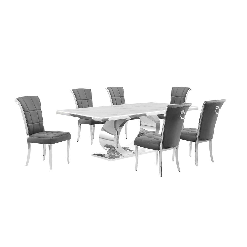 7pc Large (87") marble top dining set with silver base and 6 Dark grey chairs