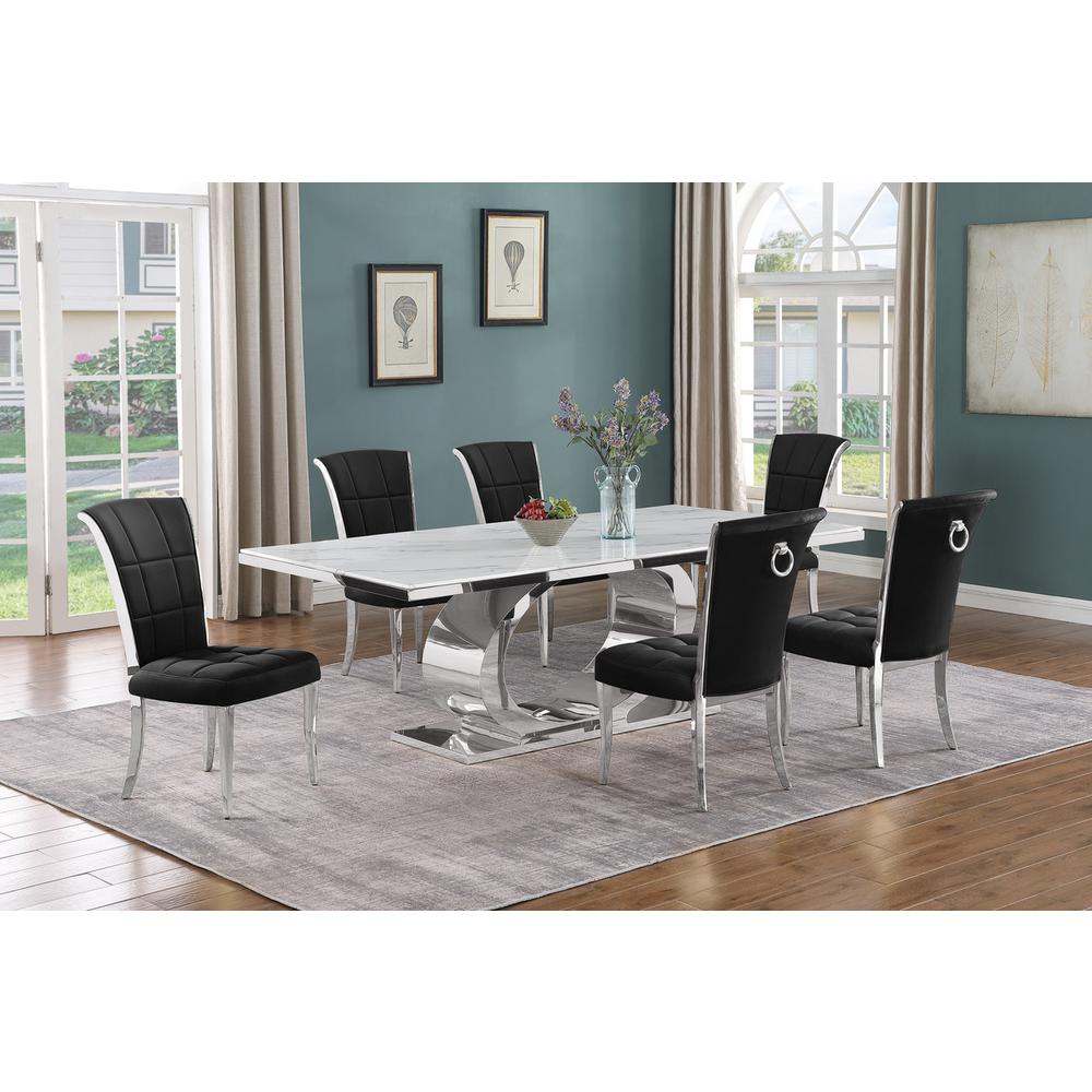 7pc Large (87") marble top dining set with silver base and 6 Black side chairs